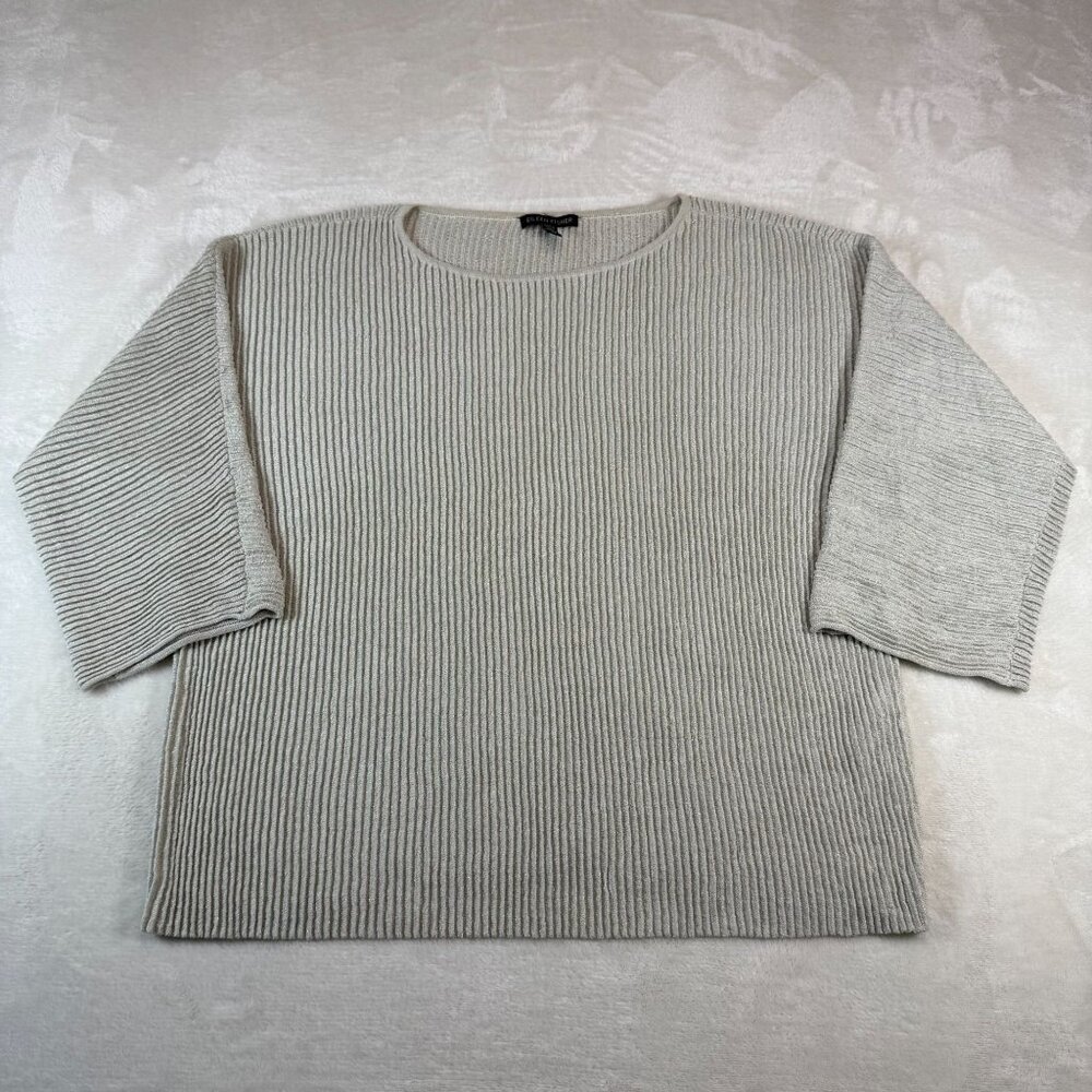 Eileen Fisher Beige Metallic Hemp Blend 3/4 Sleeve Top Small Dressy